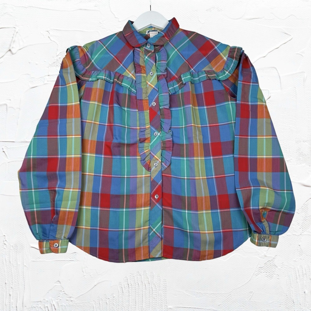 Vtg 70s Levi Strauss & Co Women Plaid Button Down Ruffle Shirt - Size M/L